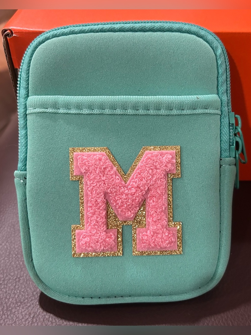 Mint Green Mini Pouch with Velcro Strap.  Pink & Gold Chenille 'M' Patch. EUC